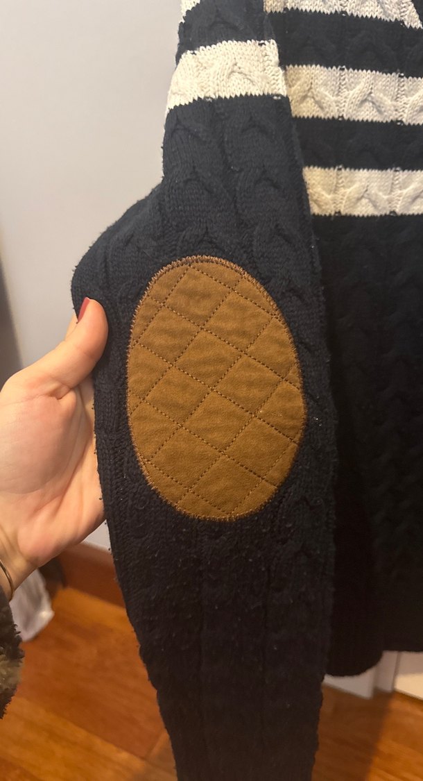 Kadın LacivertBeyaz Çizgili V Yaka Triko Kazak - Görsel 3