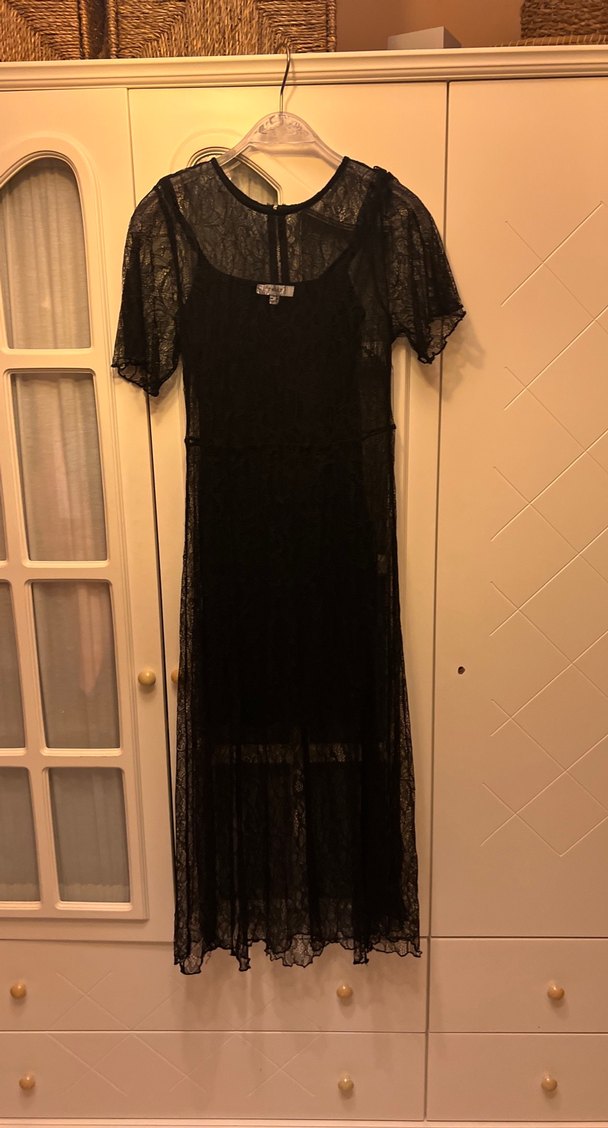 Dantelli Siyah Gotik Midi Elbise - Görsel 2