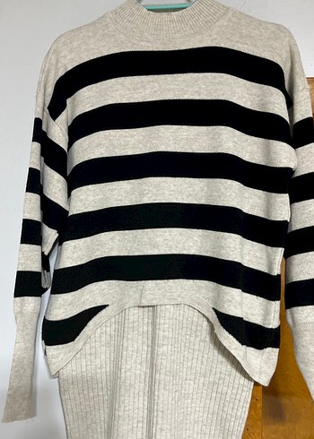 Gri Çizgili Uzun Kollu Kadın Triko Kazak ve Elbise - Görsel 2