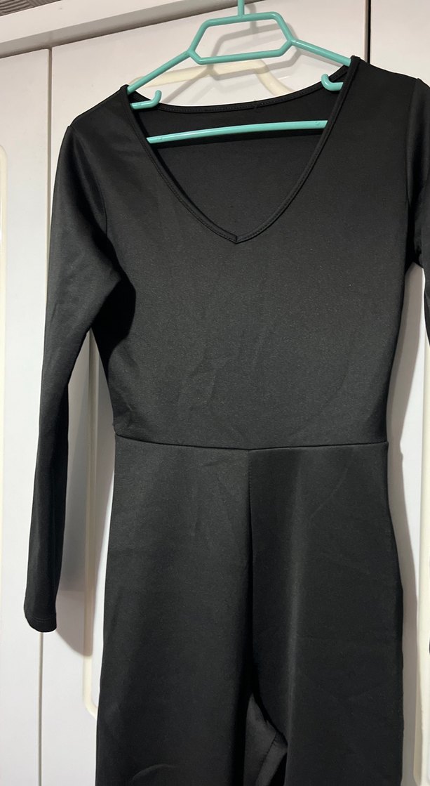 Siyah Uzun Kollu V Yakalı Kadın Tulum - Görsel 2