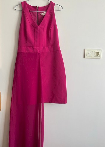 Pembe Uzun Drapeli V Yaka Kadın Elbise - Görsel 2