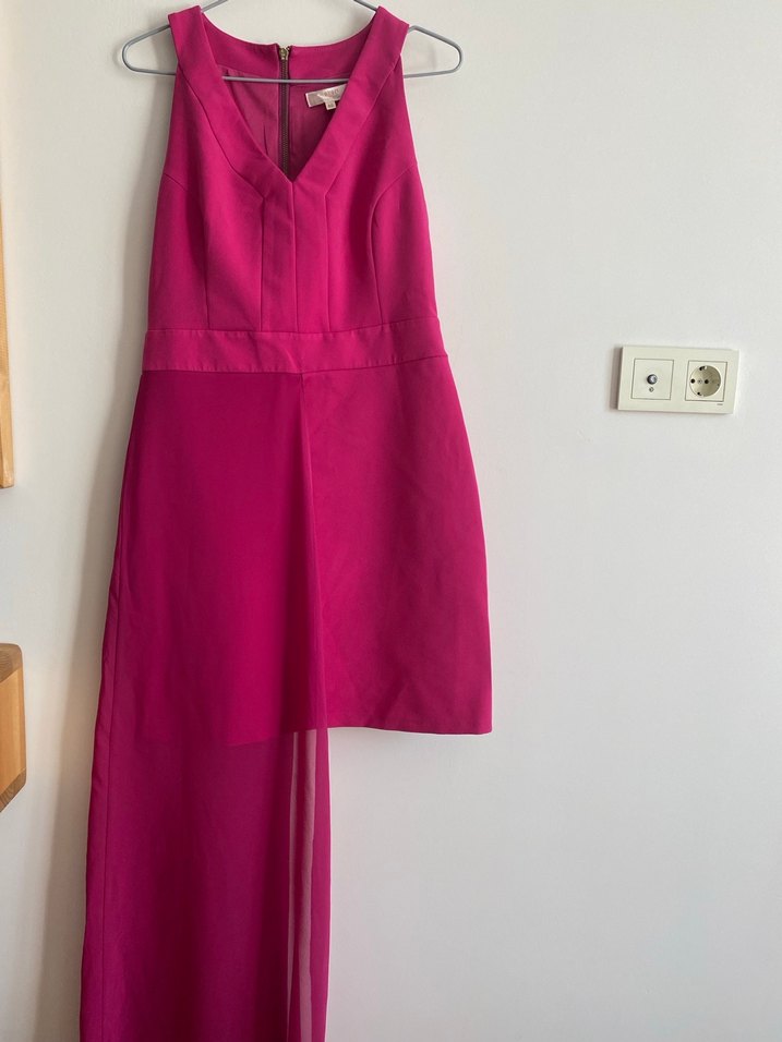 Pembe Uzun Drapeli V Yaka Kadın Elbise - Görsel 2