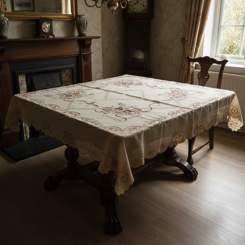 Bordo Nakışlı vintage Masa Örtüsü - Görsel 2