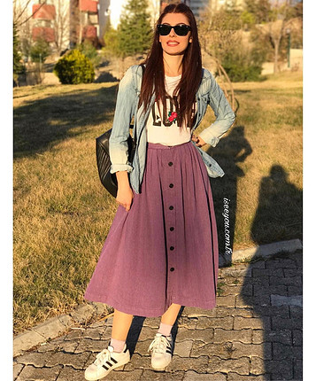 34 Beden mor Renk Önden Düğmeli Cepli Mor Etek