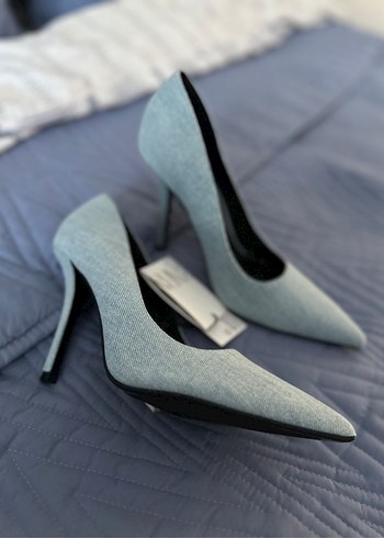 Zara Gri Denim Stiletto Topuklu Kadın Ayakkabı