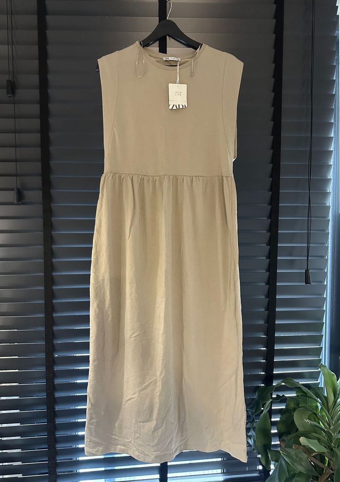 Bej Keten Uzun Kollu Elbise - Görsel 2