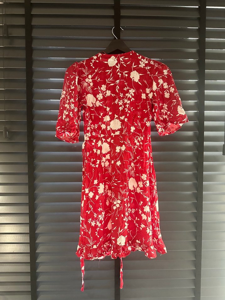 Kırmızı V Yaka Düğmeli Midi Bohem Elbise - Görsel 3