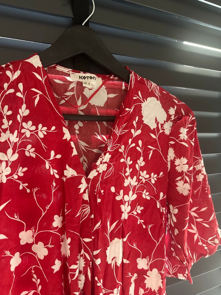 Kırmızı V Yaka Düğmeli Midi Bohem Elbise - Görsel 2