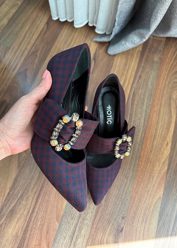 38 Beden bordo Renk Bordo Kareli Tokalı Yüksek Topuklu Stiletto