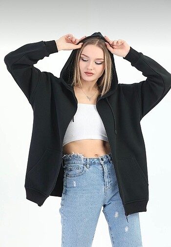 Siyah Fermuarlı Kapüşonlu Unisex Sweatshirt