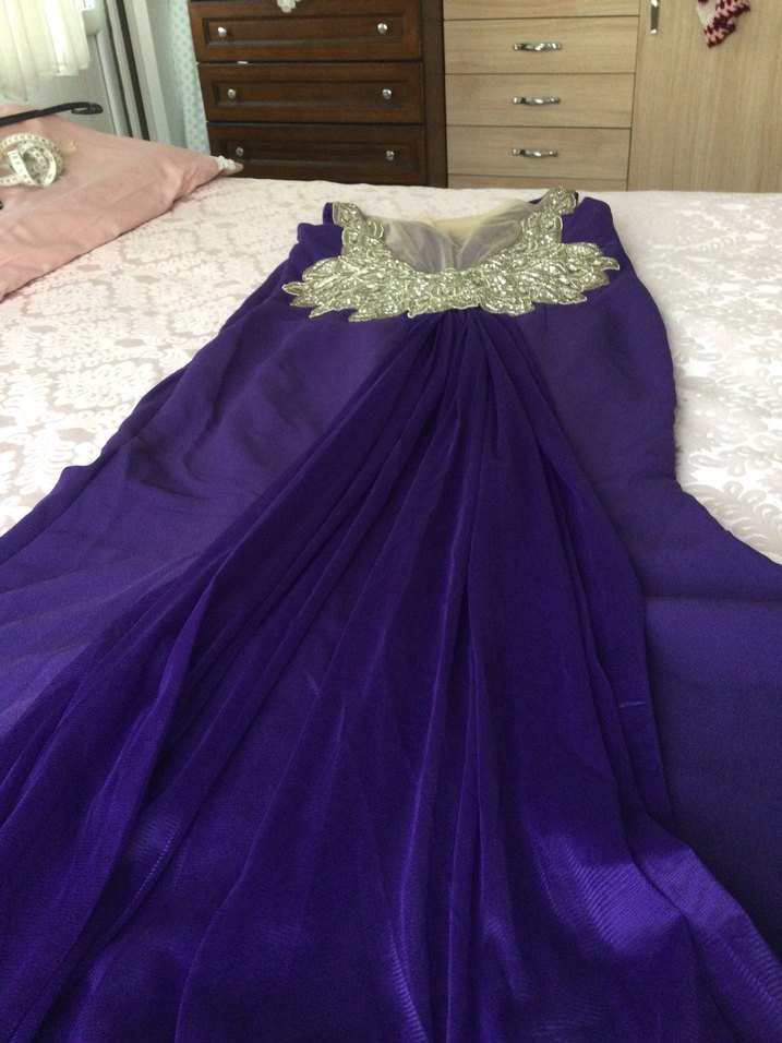 Mor Uzun Drapeli V Yaka Kadın Elbise - Görsel 3