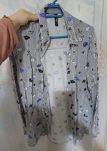 Düğmeli Uzun Kollu Mavi Gri Kadın Gömlek - Görsel 4