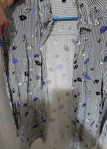 Düğmeli Uzun Kollu Mavi Gri Kadın Gömlek - Görsel 2