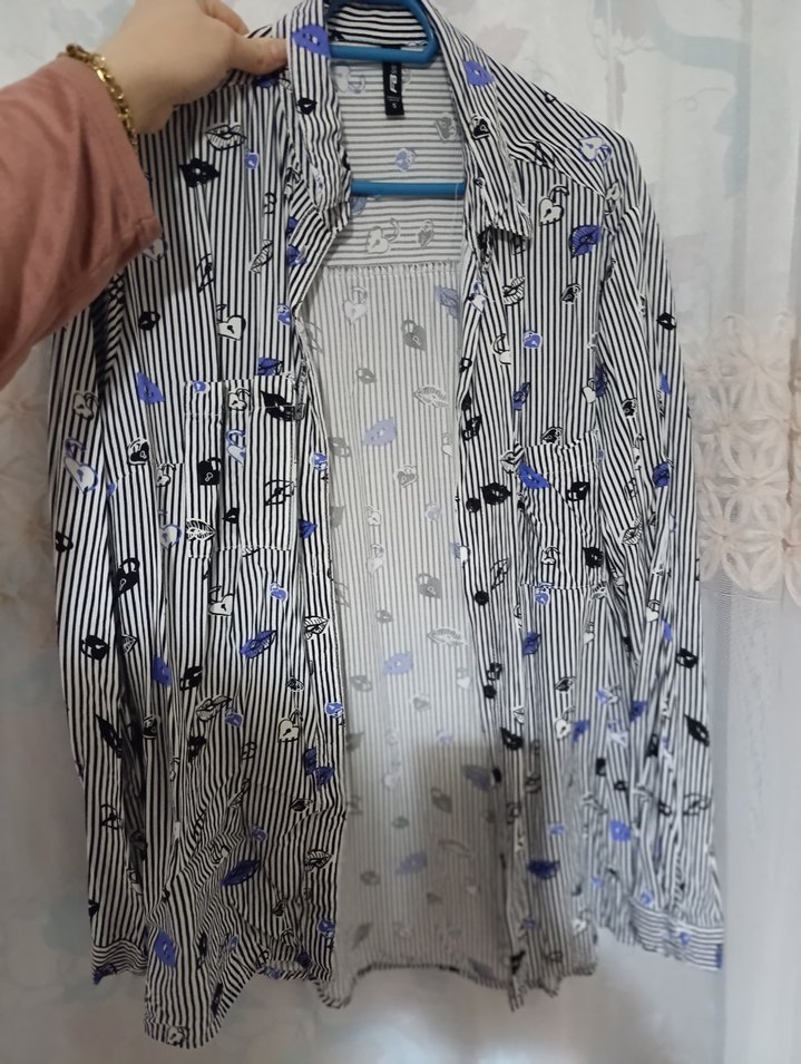 Düğmeli Uzun Kollu Mavi Gri Kadın Gömlek - Görsel 3