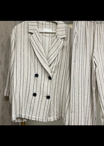 Zara Cizgili Keten Mini Kadin Ceket Pantolon Takim