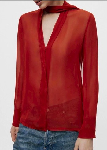 Zara Turuncu şifon Uzun Kollu Bluz - Görsel 3