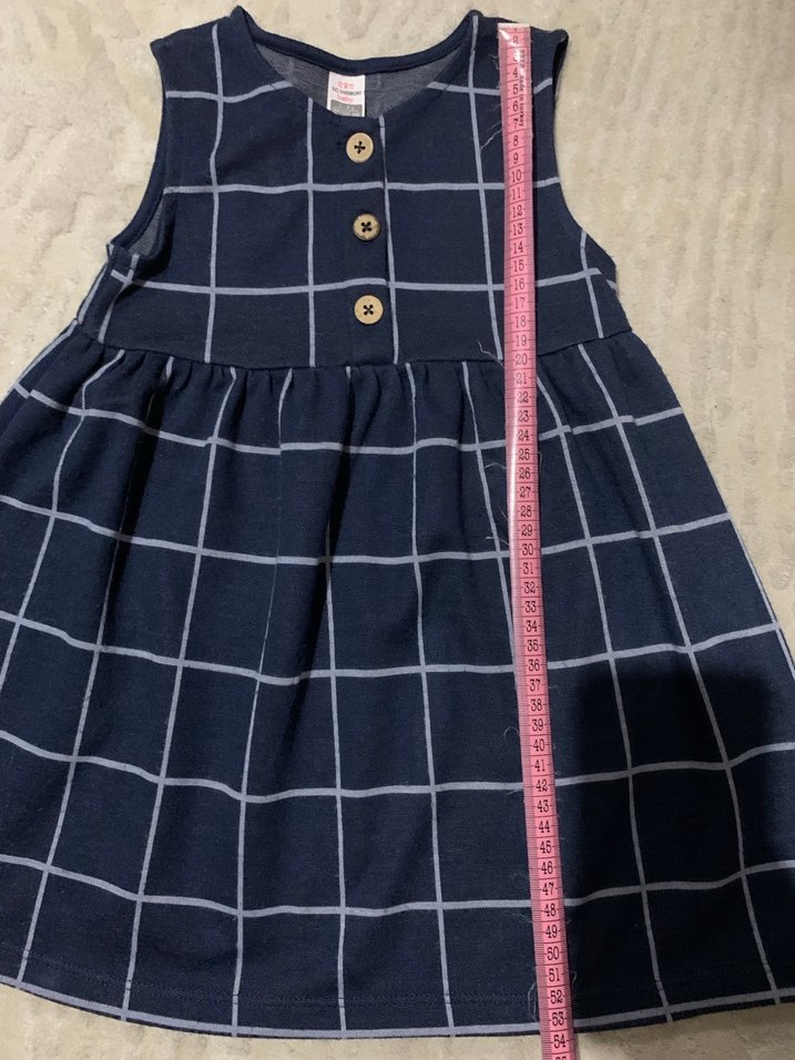 Düğmeli Lacivert 3-4 yaş ,Kareli Kolsuz Kız Elbisesi - Görsel 4