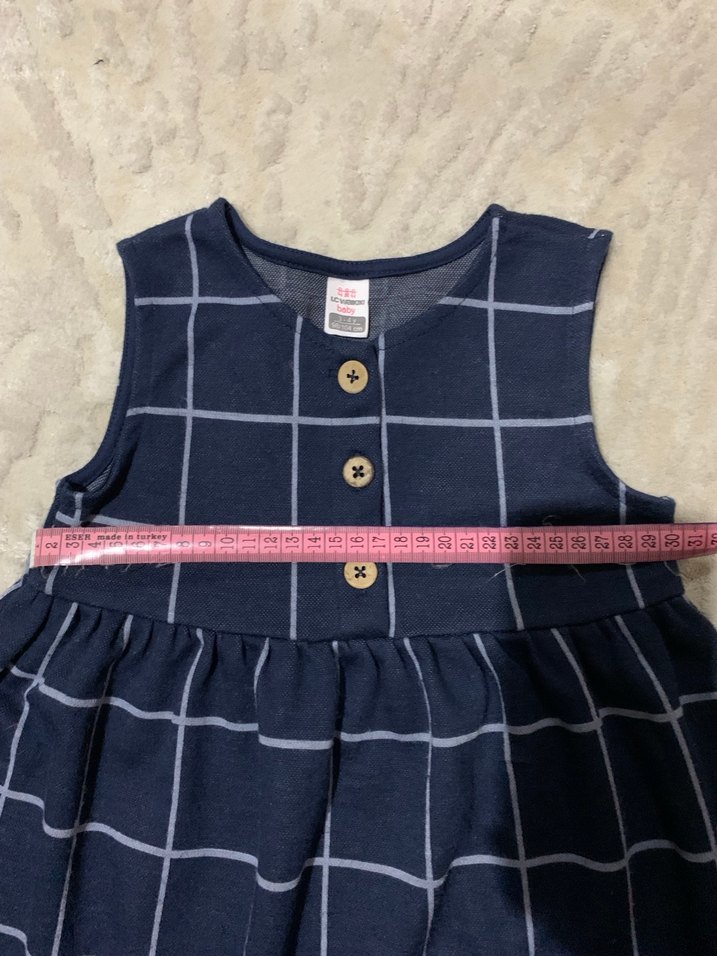 Düğmeli Lacivert 3-4 yaş ,Kareli Kolsuz Kız Elbisesi - Görsel 5