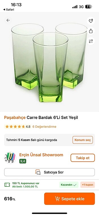  Beden yeşil Renk Paşabahçe carre 6 adet