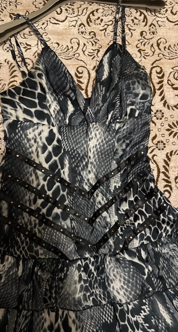 Gri Yılan Desenli Mini Strappy Elbise - Görsel 2