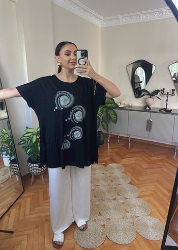 diğer Beden siyah Renk Siyah Baskılı Oversize Kadın Tişört