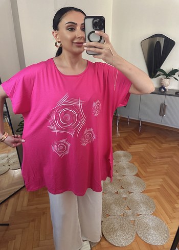 Diğer Pembe Bağlama Desenli Salaş Kadın Tişört