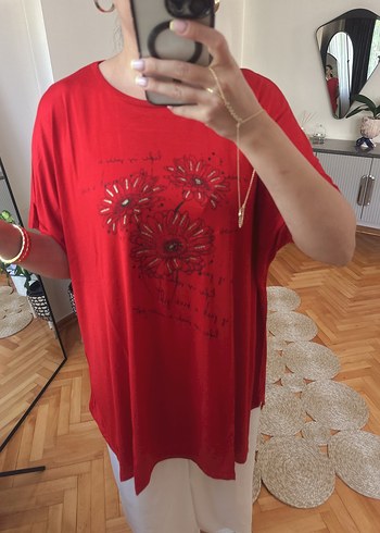 diğer Beden Renkli Baskılı Kırmızı Kadın Tişört