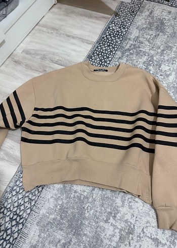 Bej Çizgili Oversize Sweatshirt