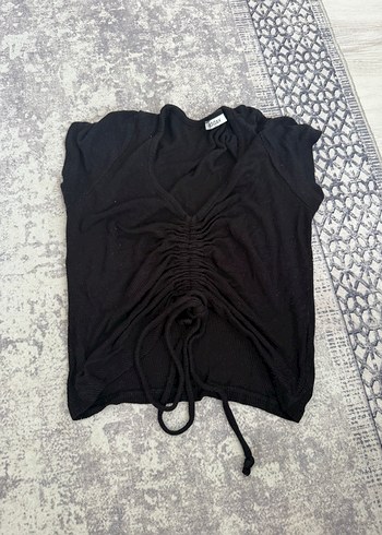 V Yaka Siyah Örgü Crop Top