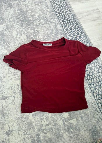 Diğer Bordo Kısa Kollu Sade Crop Tişört