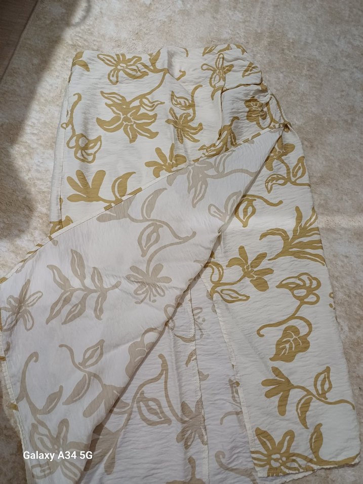 Beyaz Çiçek Desenli Uzun Keten Etek - Görsel 2