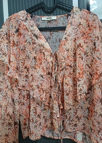 Pembe Bohem Renkli V Yaka Fırfırlı Bluz - Görsel 5