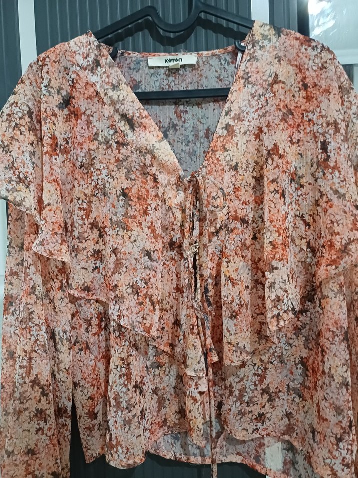 Pembe Bohem Renkli V Yaka Fırfırlı Bluz - Görsel 5