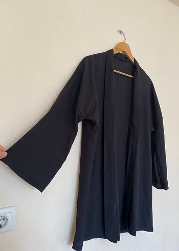 Siyah Uzun Keten Kadın Kimono - Görsel 2