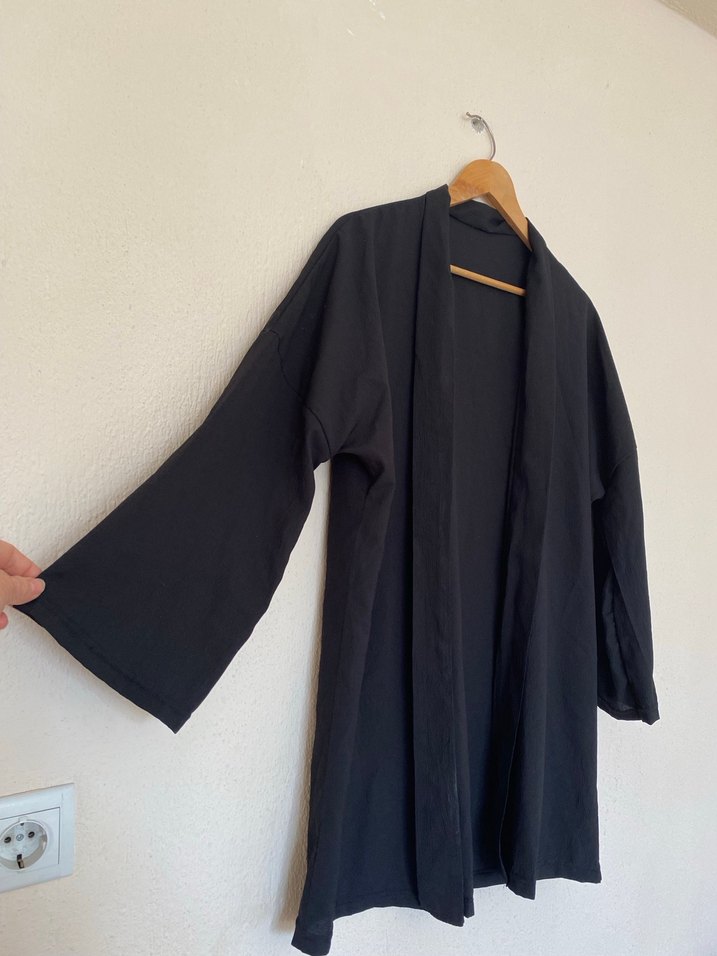 Siyah Uzun Keten Kadın Kimono - Görsel 2