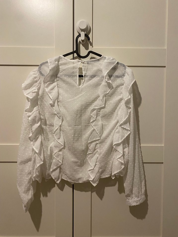 Beyaz Fırfırlı Uzun Kollu Bluz - Görsel 5