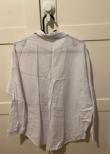 Düğmeli Beyaz Keten Kadın Gömlek - Görsel 5