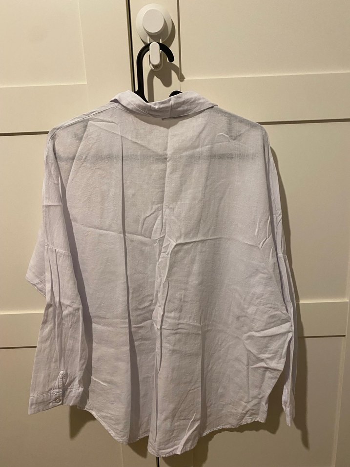 Düğmeli Beyaz Keten Kadın Gömlek - Görsel 5