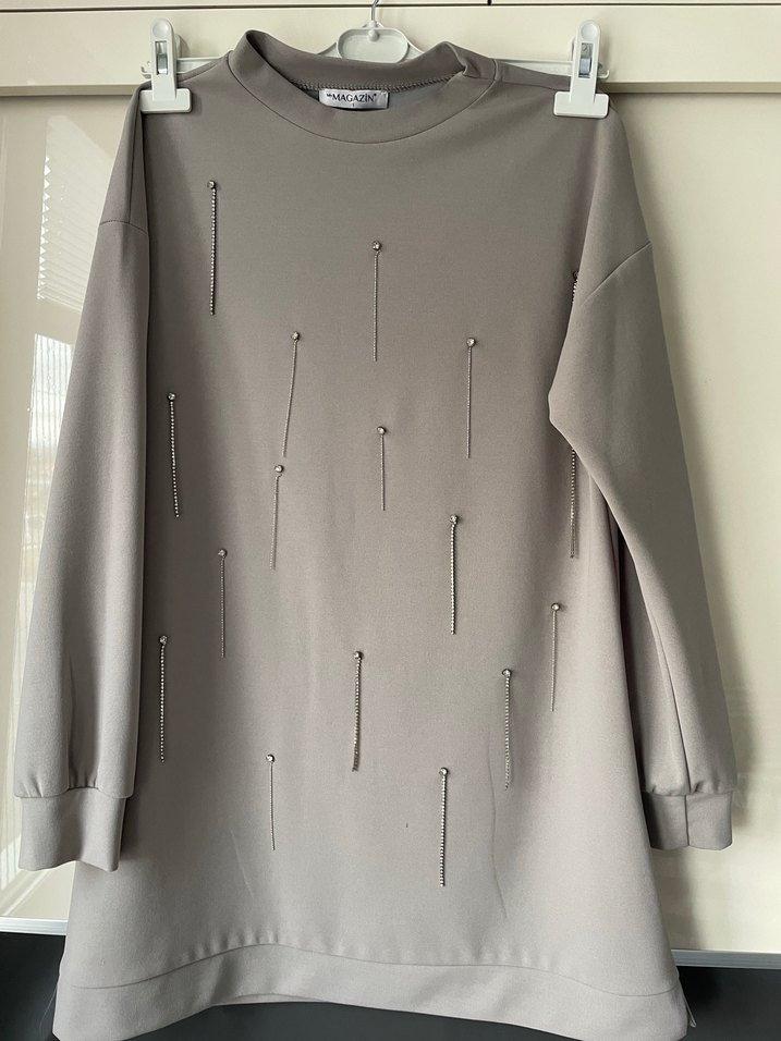 Taş Detaylı Uzun Kollu Gri Tunik takım - Görsel 2