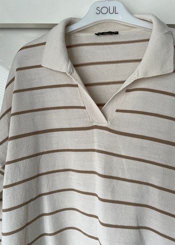 Bej Çizgili Pamuklu Kadın Triko kazak - Görsel 2