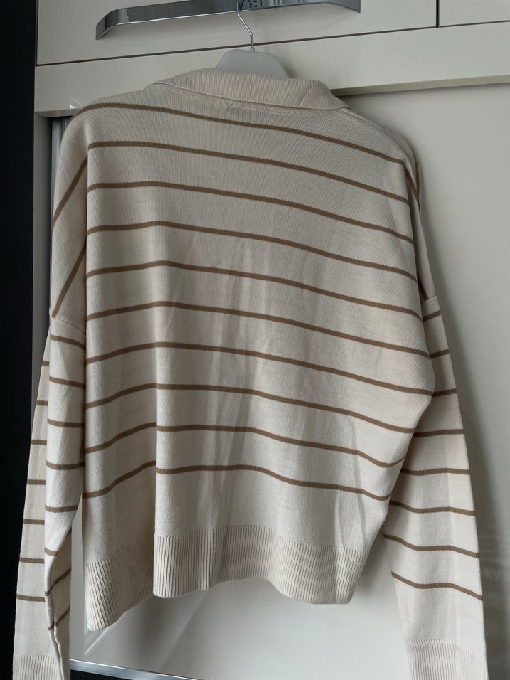 Bej Çizgili Pamuklu Kadın Triko kazak - Görsel 3