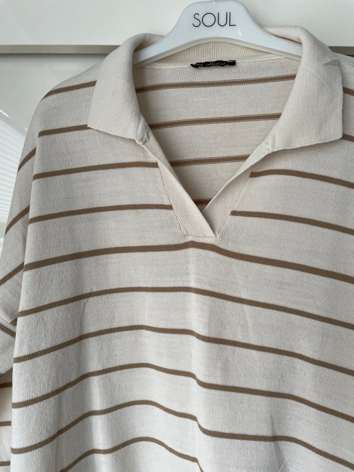 Bej Çizgili Pamuklu Kadın Triko kazak - Görsel 2