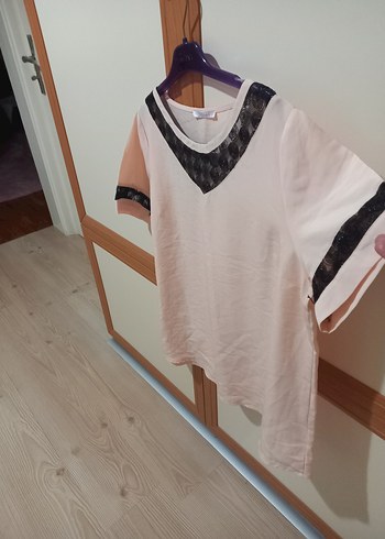 Diğer yaka ve kol detaylı pudra rengi bluz
