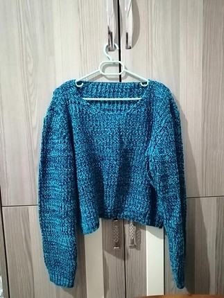 Pull and Bear mavi örme model kalın kazak 
