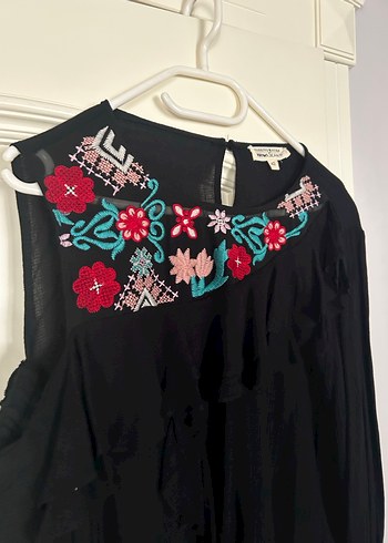 Nakışlı, Fırfırlı Siyah Bohem Bluz - Görsel 4