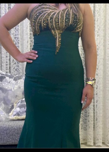 Yeşil Parlak Boncuk İşlemeli Uzun Abiye Elbise - Görsel 2