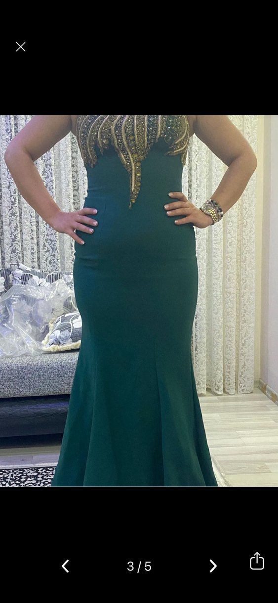 Yeşil Parlak Boncuk İşlemeli Uzun Abiye Elbise - Görsel 3