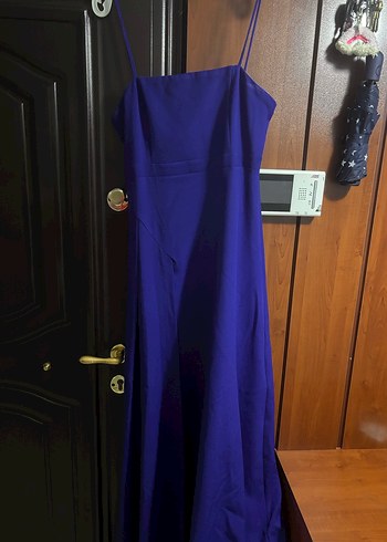 Mavi Uzun İnce Askılı Abiye Elbise - Görsel 5