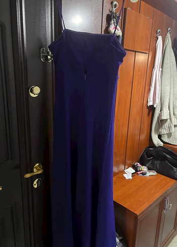 Mavi Uzun İnce Askılı Abiye Elbise - Görsel 3