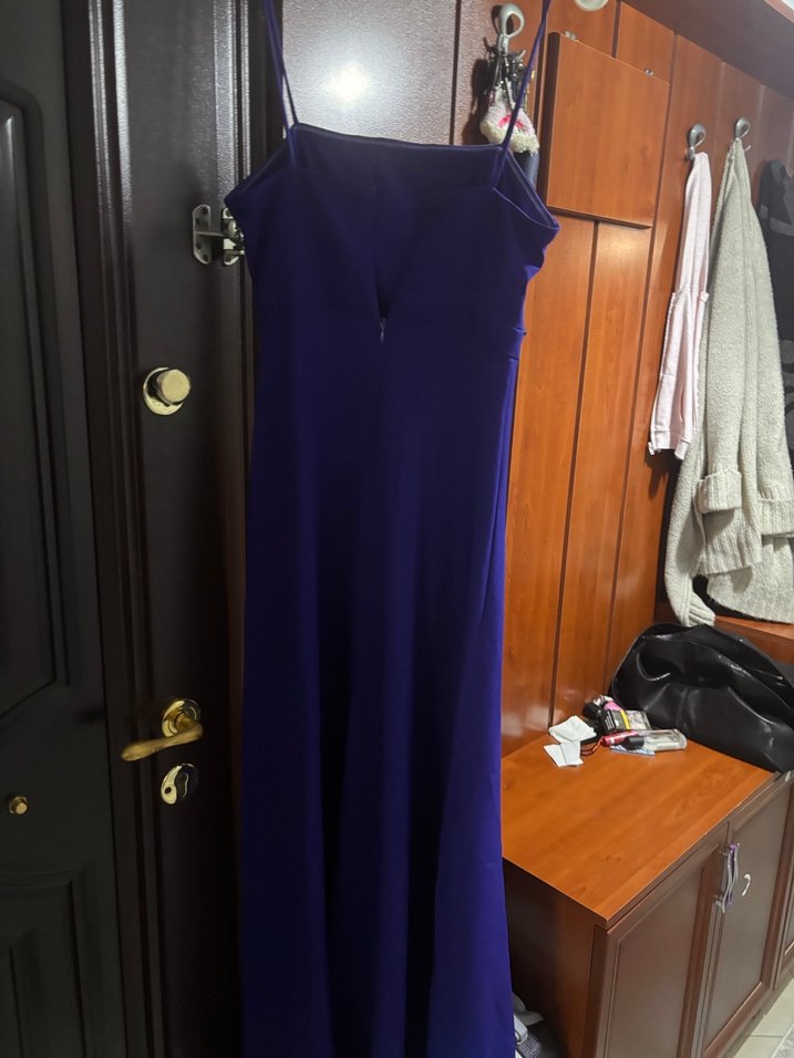 Mavi Uzun İnce Askılı Abiye Elbise - Görsel 3